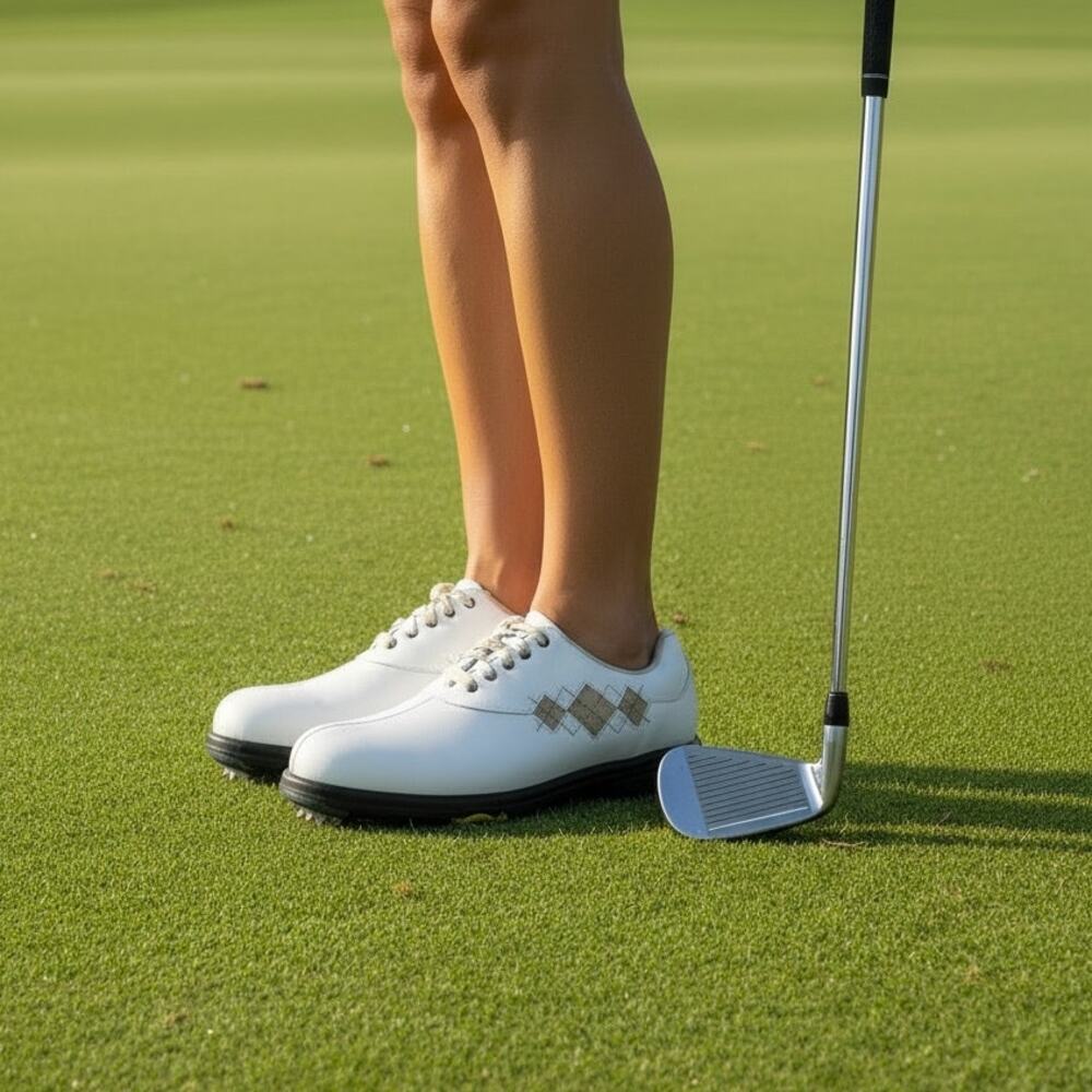 FootJoy eComfort Women's Golf Shoes White Tan Leather Argyle Pattern Size 6.5